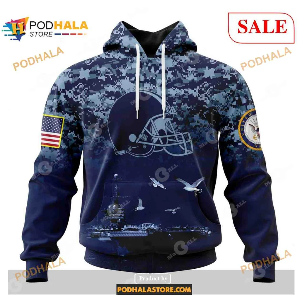 Patriotic Cleveland Browns Military 3d Hoodie Featuring Football Helmet And Navy Emblem