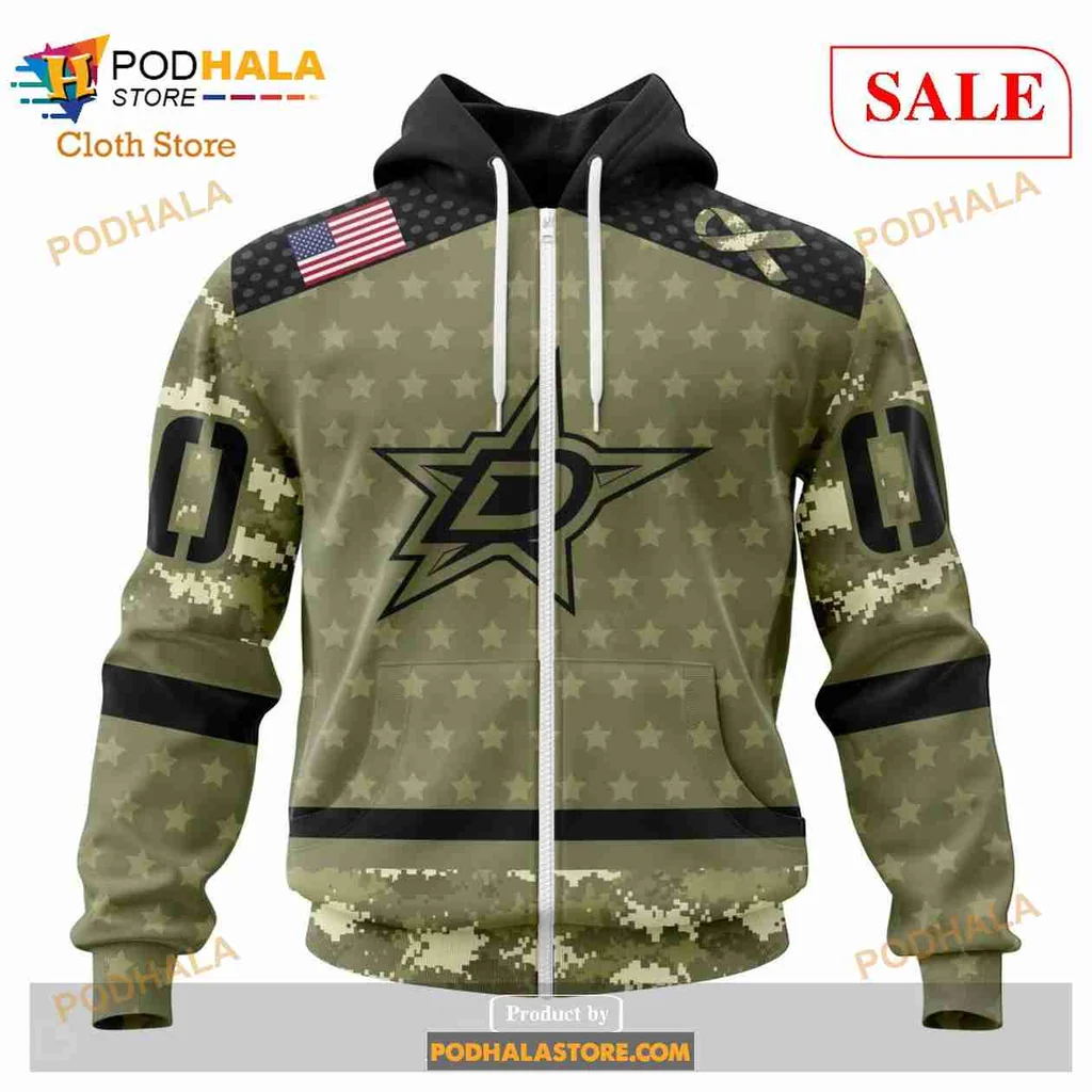Patriotic Dallas Stars Camo Hoodie With Military Appreciation Design - View 1 Patriotic Dallas Stars Camo Hoodie With Military Appreciation Design - View 1