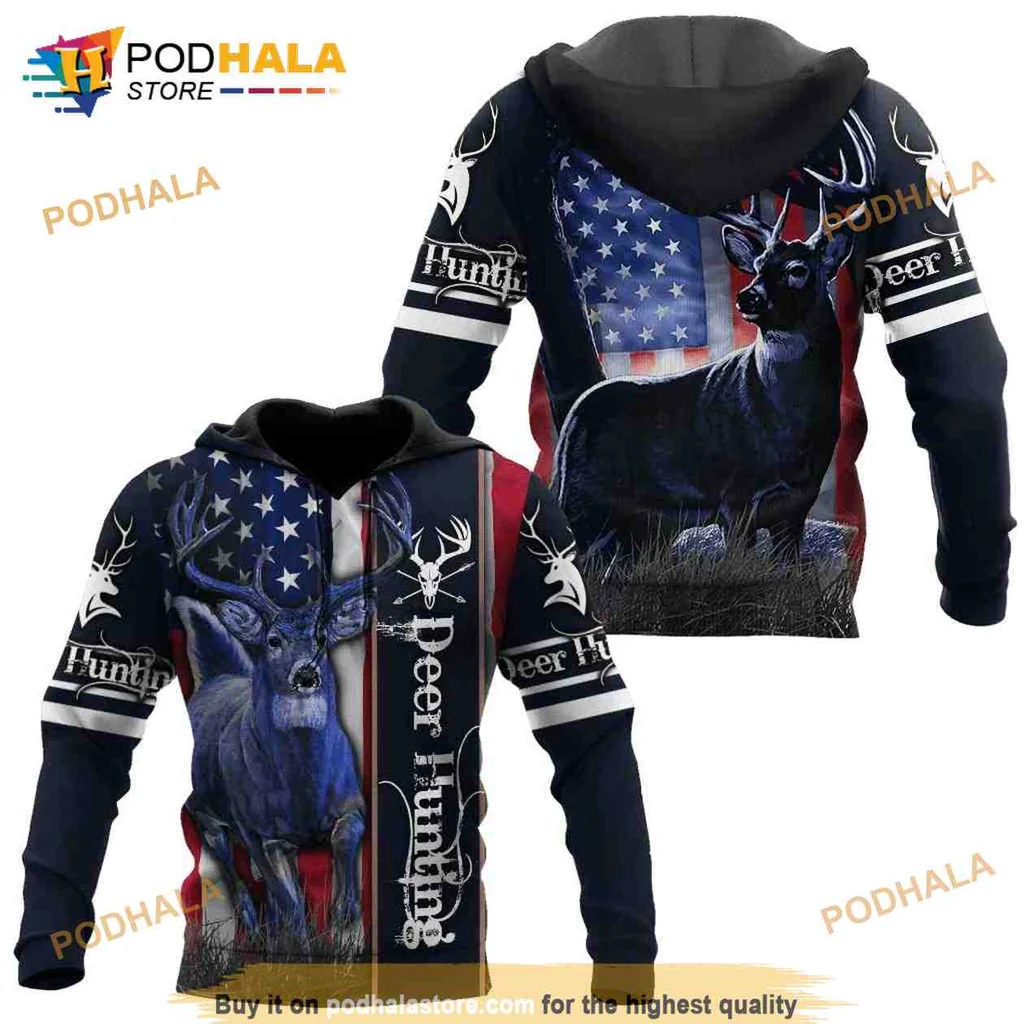Patriotic Deer Hunting 3d Hoodie Featuring Majestic Buck Against American Flag