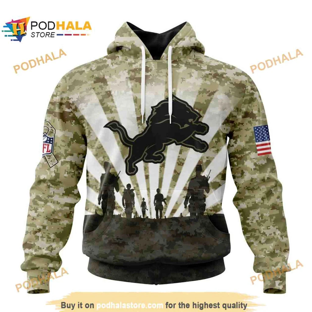 Patriotic Detroit Lions 3d Hoodie With Camouflage Design Honoring Veterans