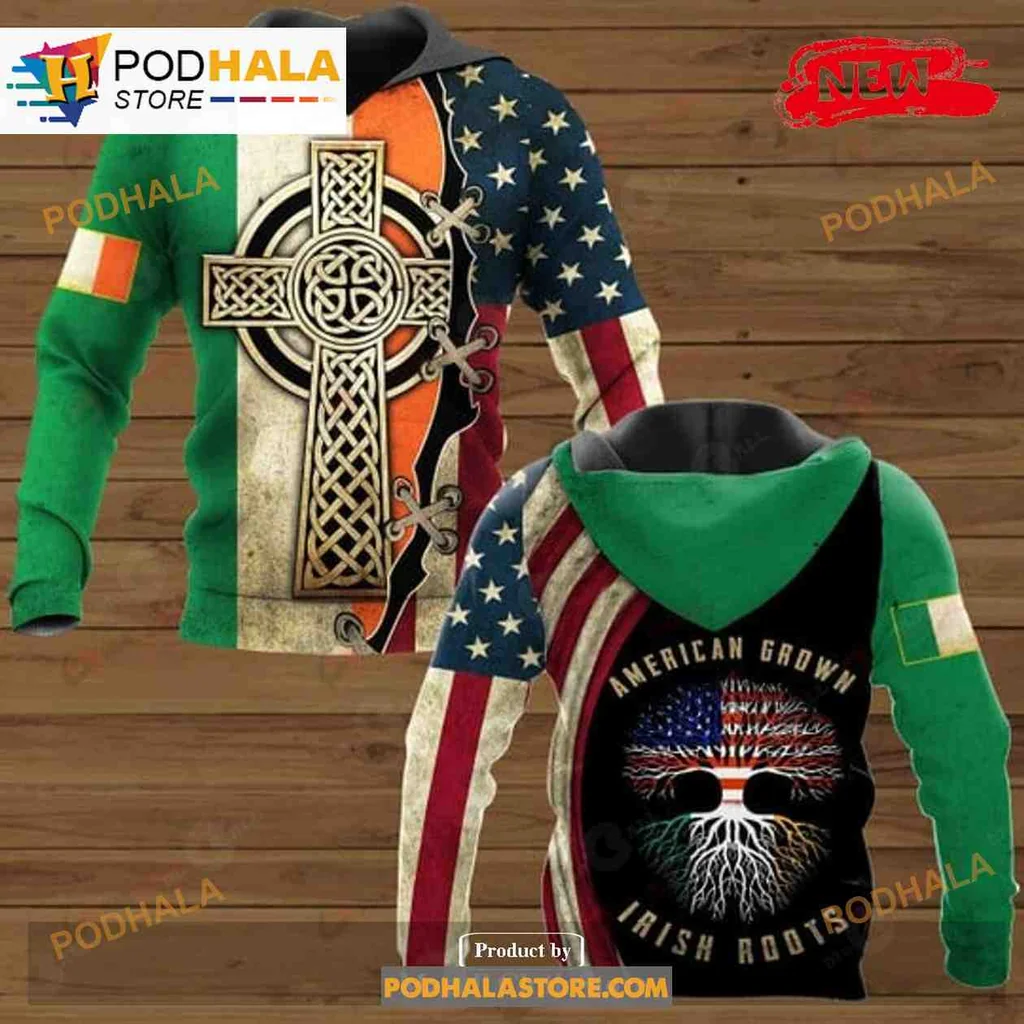 Patriotic Irish American Roots 3d Hoodie With Celtic Cross And Flag Design