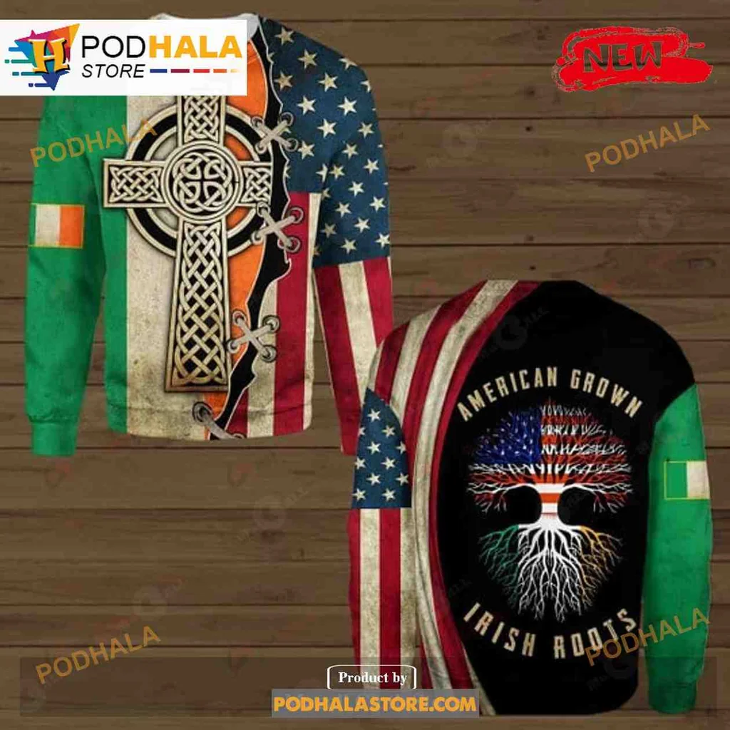 Patriotic Irish American Roots All Over Print Hoodie With Celtic Cross And Flag Design Patriotic Irish American Roots All Over Print Hoodie With Celtic Cross And Flag Design