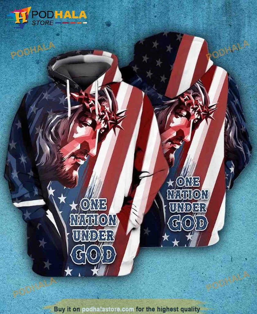 Patriotic Jesus One Nation Under God Hoodie Featuring American Flag Design