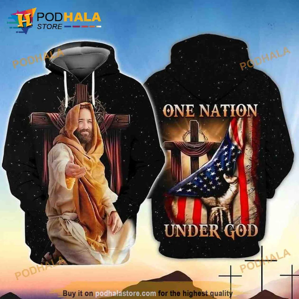 Patriotic Jesus One Nation Under God Hoodie With Inviting Blessing Design