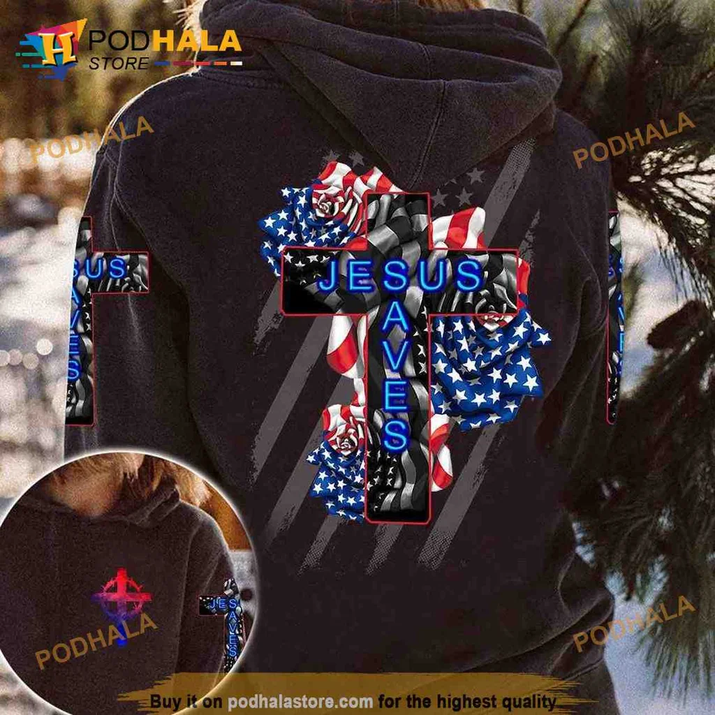 Patriotic Jesus Saves 3d Hoodie With Cross And American Flags Design