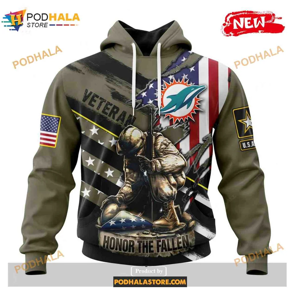 Patriotic Kneeling Soldier 3d Hoodie With Miami Dolphins Logo Design
