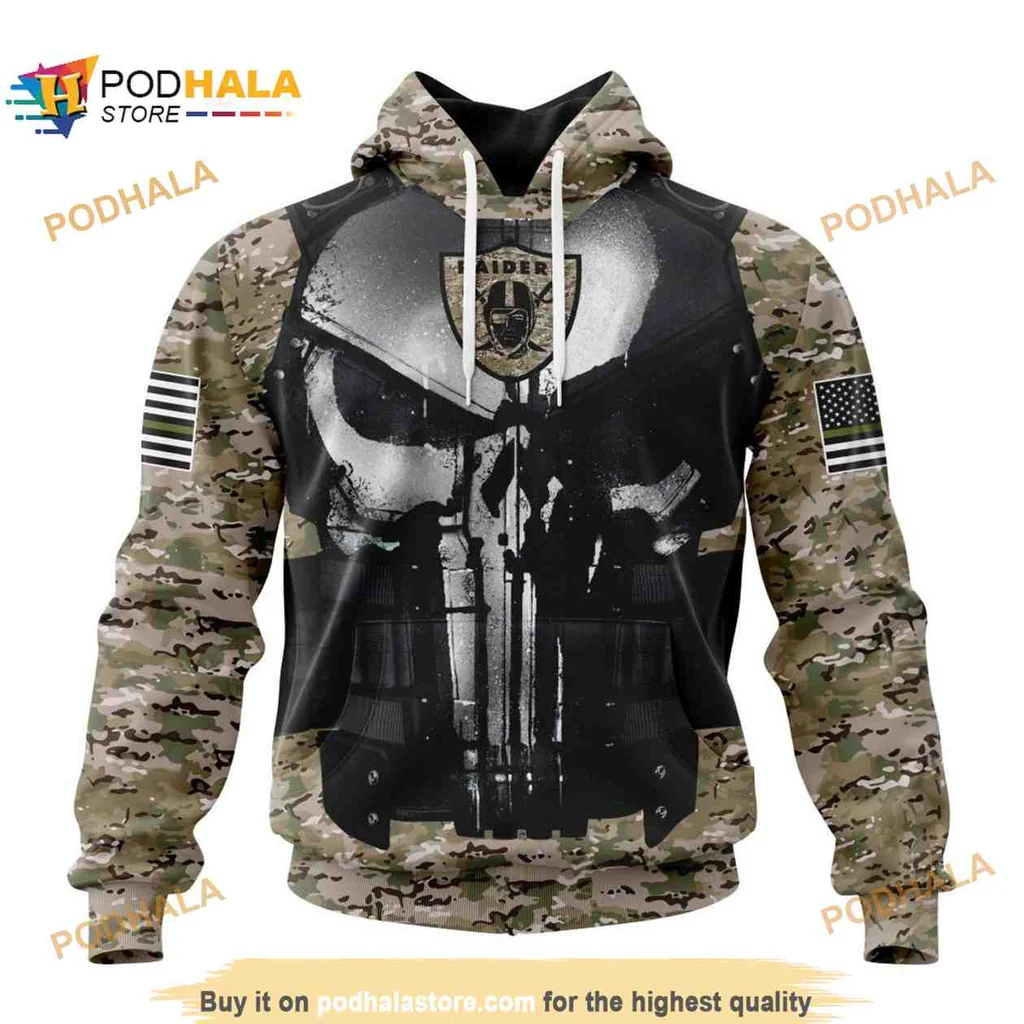 Patriotic Las Vegas Raiders Skull 3d Hoodie With Camouflage And American Flags