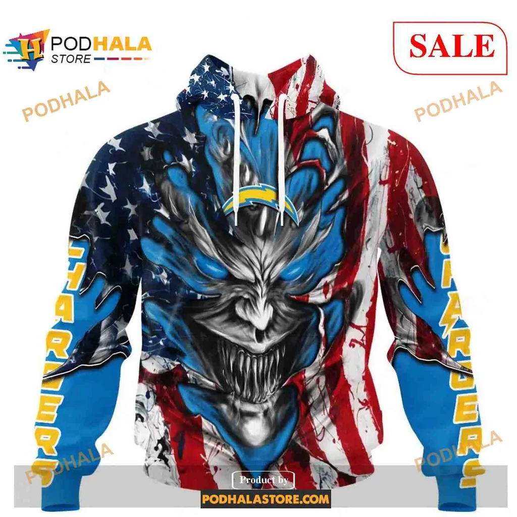 Patriotic Los Angeles Chargers Demon Face Hoodie With American Flag Design