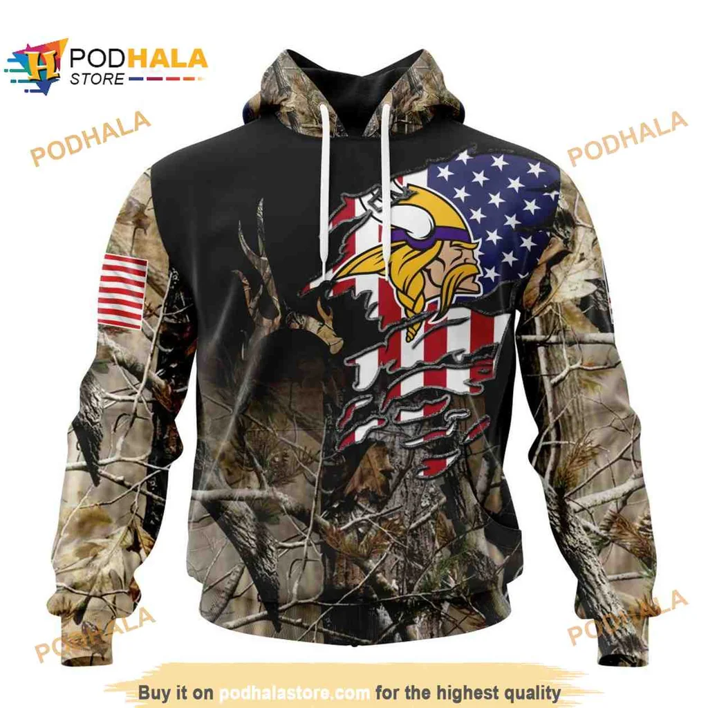 Patriotic Minnesota Vikings Hunting 3d Hoodie With Camouflage American Flag Design