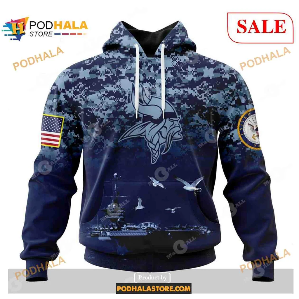Patriotic Minnesota Vikings Navy 3d Hoodie Featuring Us Navy Emblem