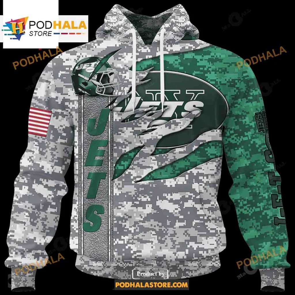 Patriotic New York Jets Camouflage 3d Hoodie Featuring American Flag Design