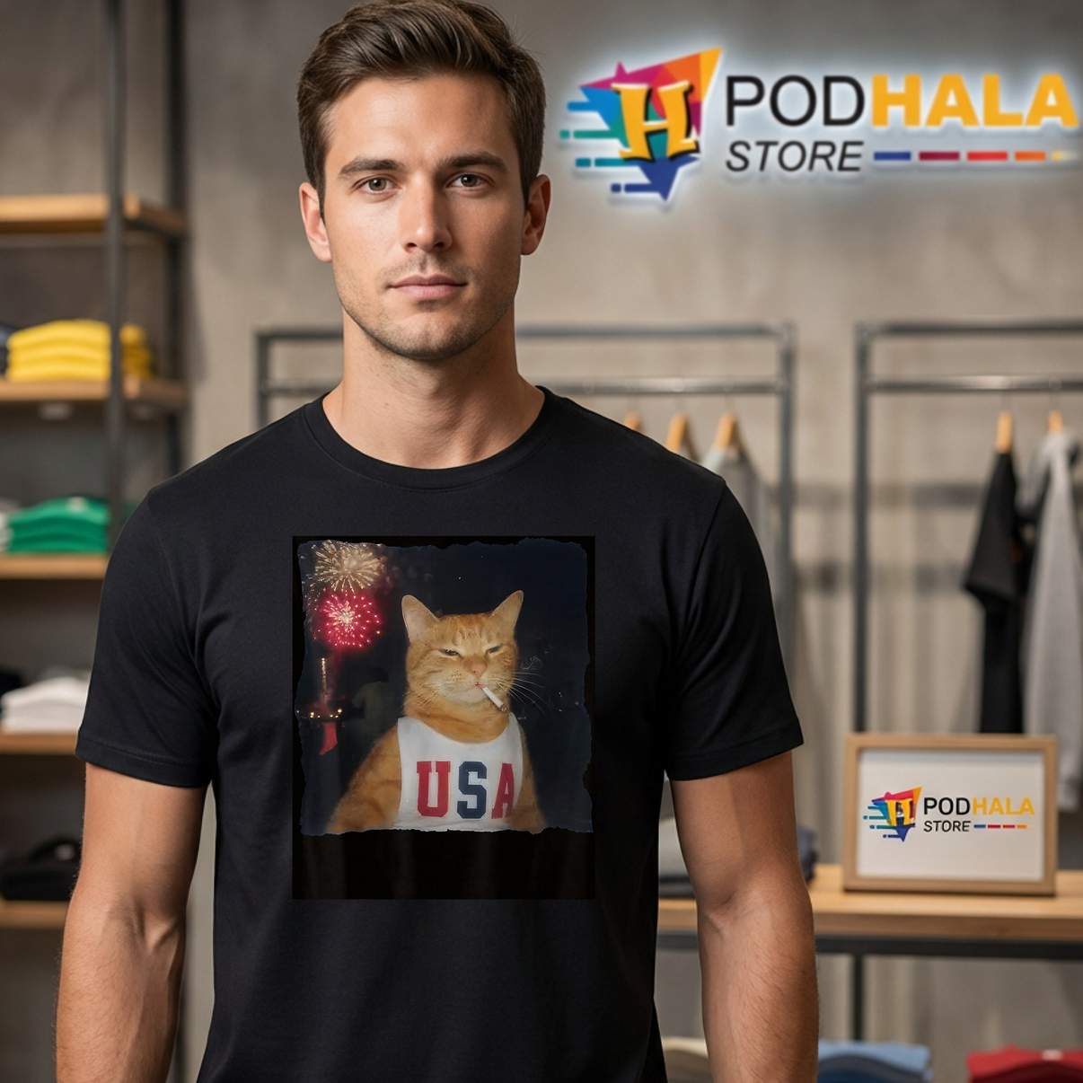 Patriotic Orange Cat Shirt Funny Fireworks Fourth Of July USA Flag Apparel