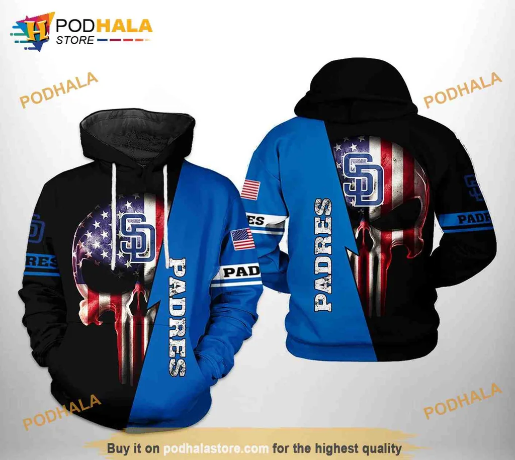 Patriotic San Diego Padres Skull 3d Hoodie With American Flag Design