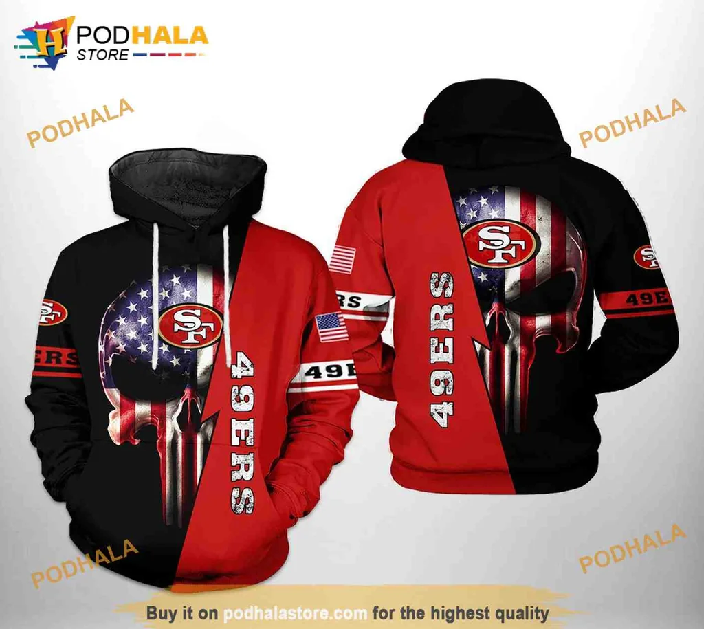 Patriotic San Francisco 49ers Skull 3d Hoodie With American Flag Design