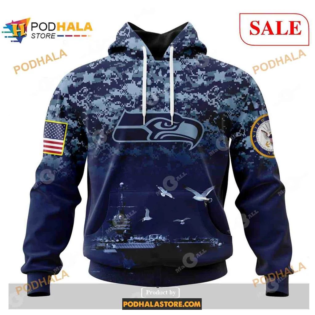 Patriotic Seattle Seahawks 3d Hoodie With Navy Camouflage And American Flag