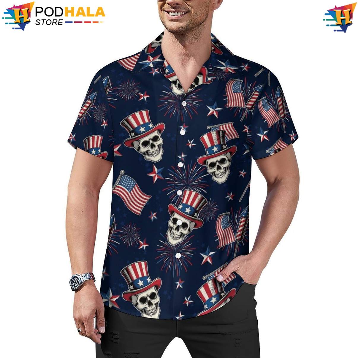 Patriotic Skull Hawaiian Shirt Mens Short Sleeve Cuban Collar Button Down