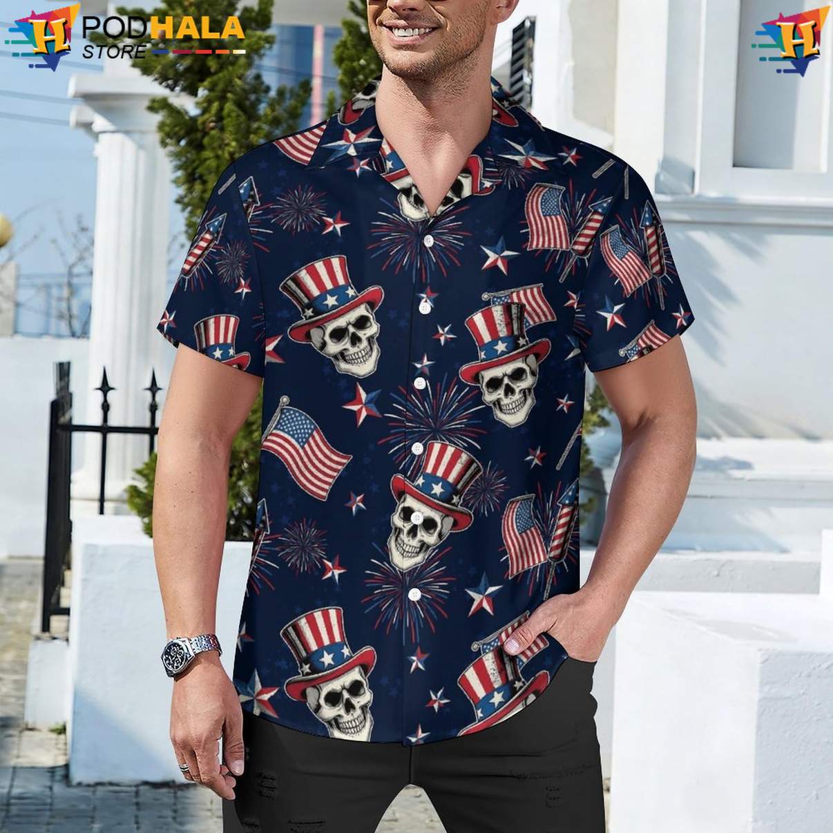 Patriotic Skull Aloha Shirt Mens Short Sleeve Cuban Collar Button Down Patriotic Skull Aloha Shirt Mens Short Sleeve Cuban Collar Button Down