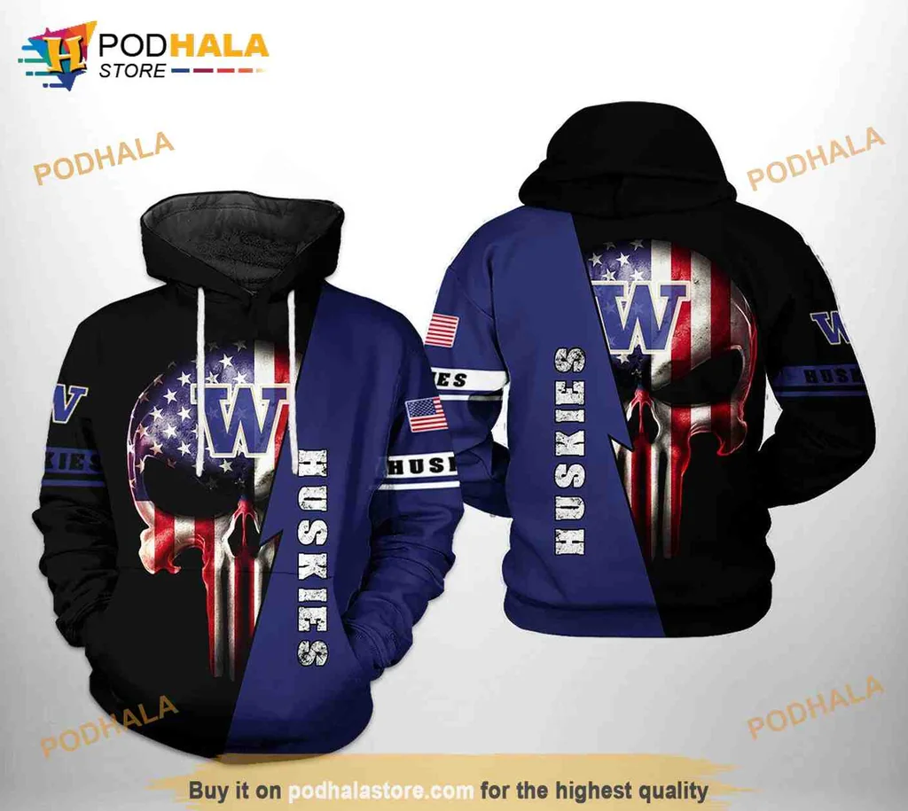 Patriotic Skull Washington Huskies 3d Hoodie With American Flag Design