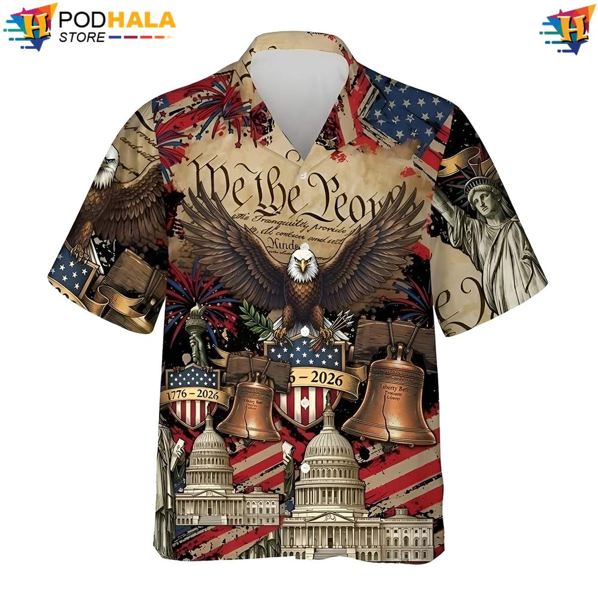 Patriotic Statue Liberty Aloha Shirt USA 250th Anniversary Eagle Freedom