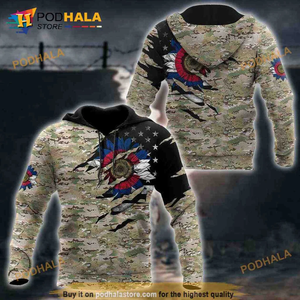 Patriotic Sunflower Camouflage 3d Hoodie With American Flag Design