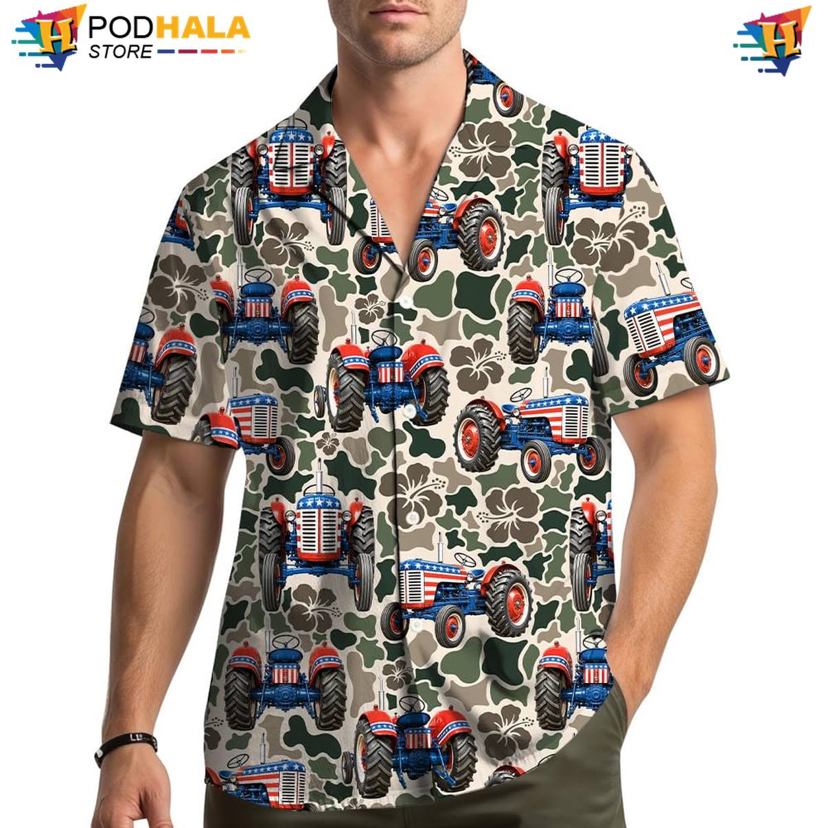 Patriotic Tractor Aloha Shirt Mens Novelty Resort Cruise Button Down Outfit