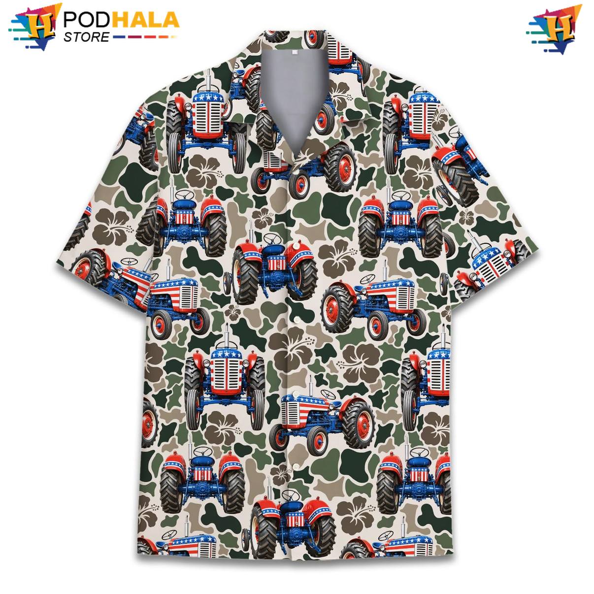 Patriotic Tractor Tropical Shirt Mens Novelty Resort Cruise Button Down Outfit Patriotic Tractor Tropical Shirt Mens Novelty Resort Cruise Button Down Outfit
