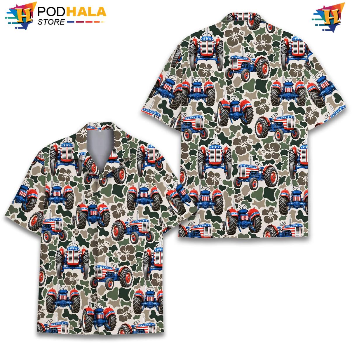 Patriotic Tractor Tropical Shirt Mens Novelty Resort Cruise Button Down Outfit Patriotic Tractor Tropical Shirt Mens Novelty Resort Cruise Button Down Outfit