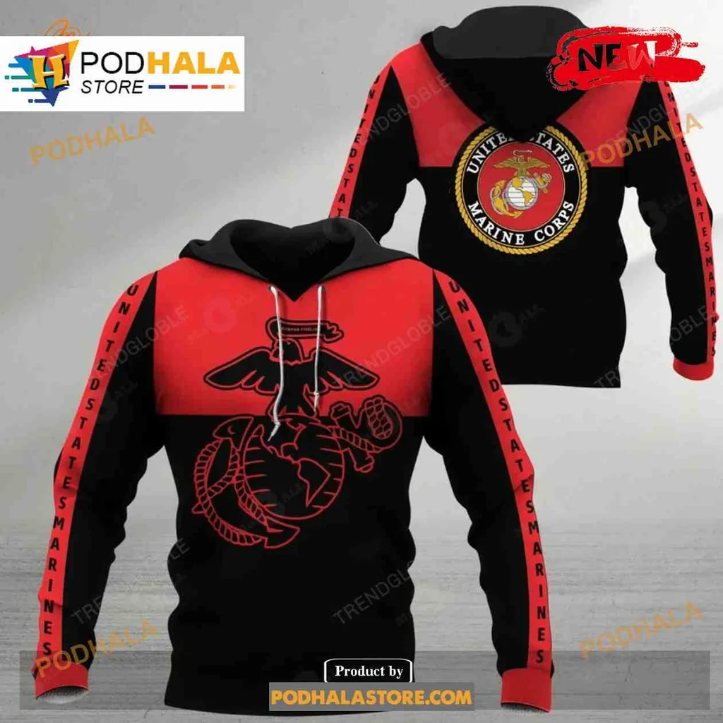 Patriotic United States Marines 3d Hoodie With Bold Black And Red Design