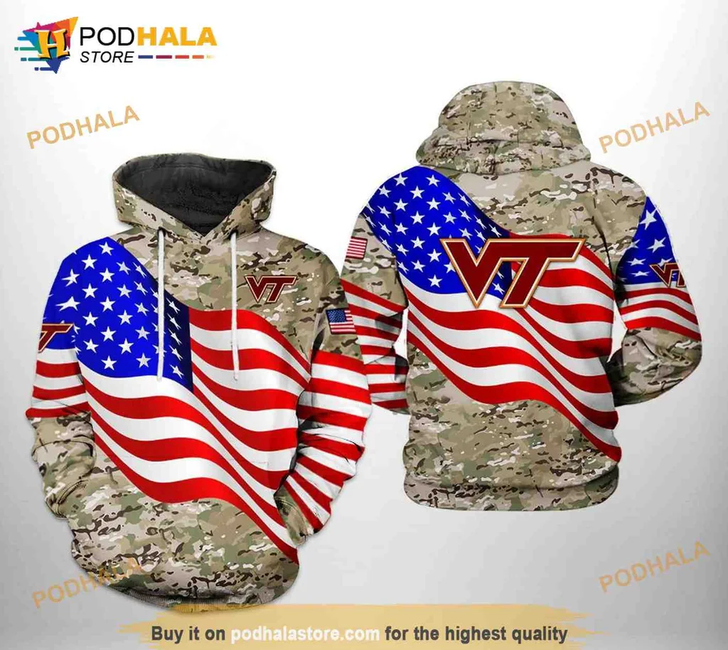 Patriotic Virginia Tech Hokies 3d Hoodie Featuring American Flag Camo Design