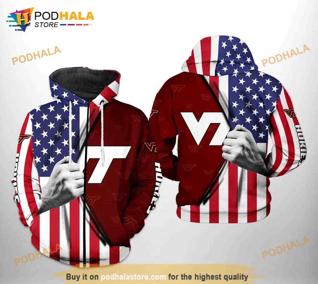 Patriotic Virginia Tech Hokies 3d Hoodie With American Flag Design
