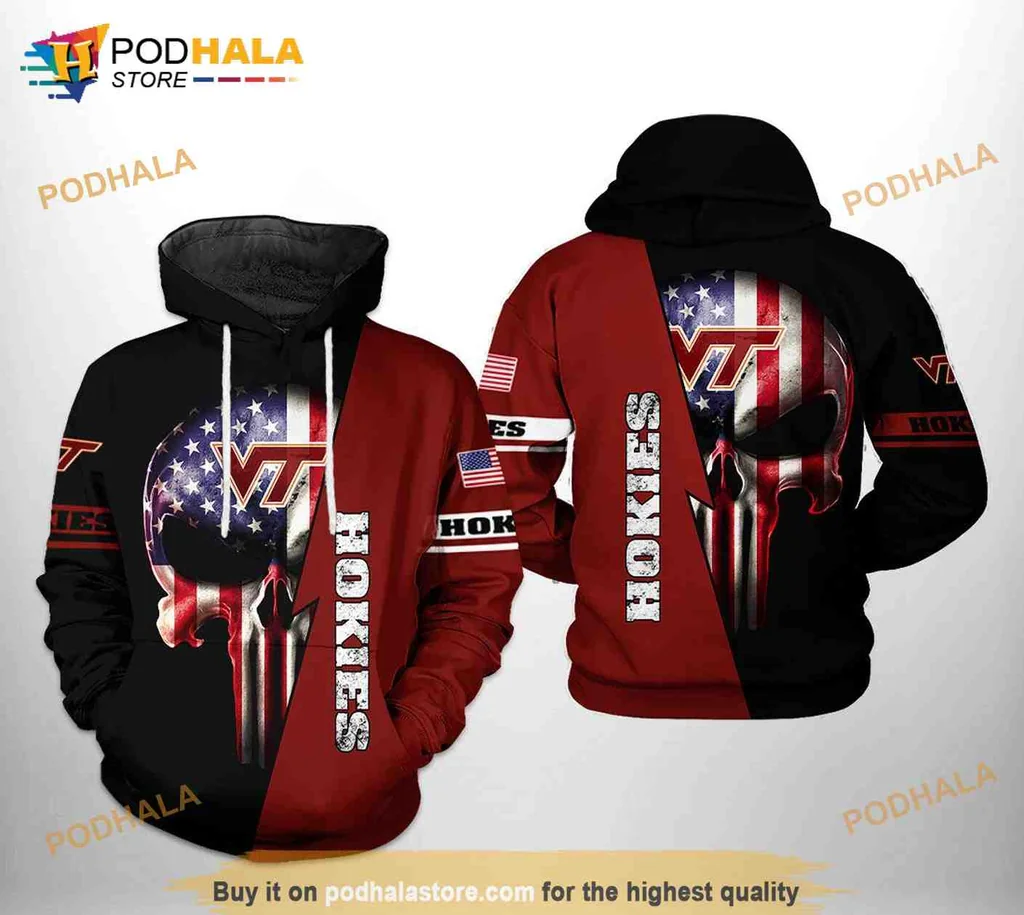 Patriotic Virginia Tech Hokies Skull 3d Hoodie Featuring American Flag Design