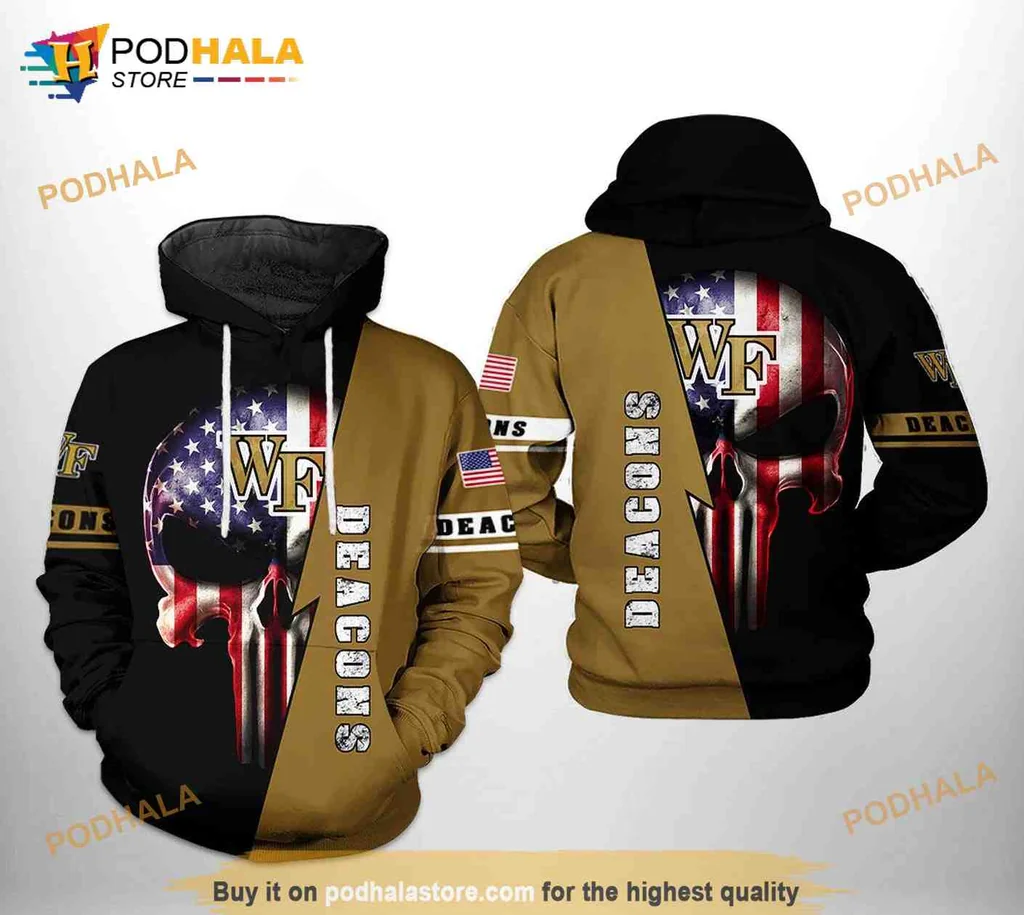 Patriotic Wake Forest Demon Deacons 3d Hoodie With Skull And American Flag Design