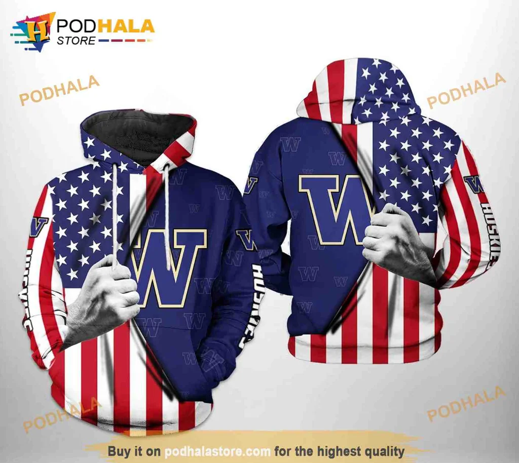 Patriotic Washington Huskies 3d Hoodie With Us Flag Design