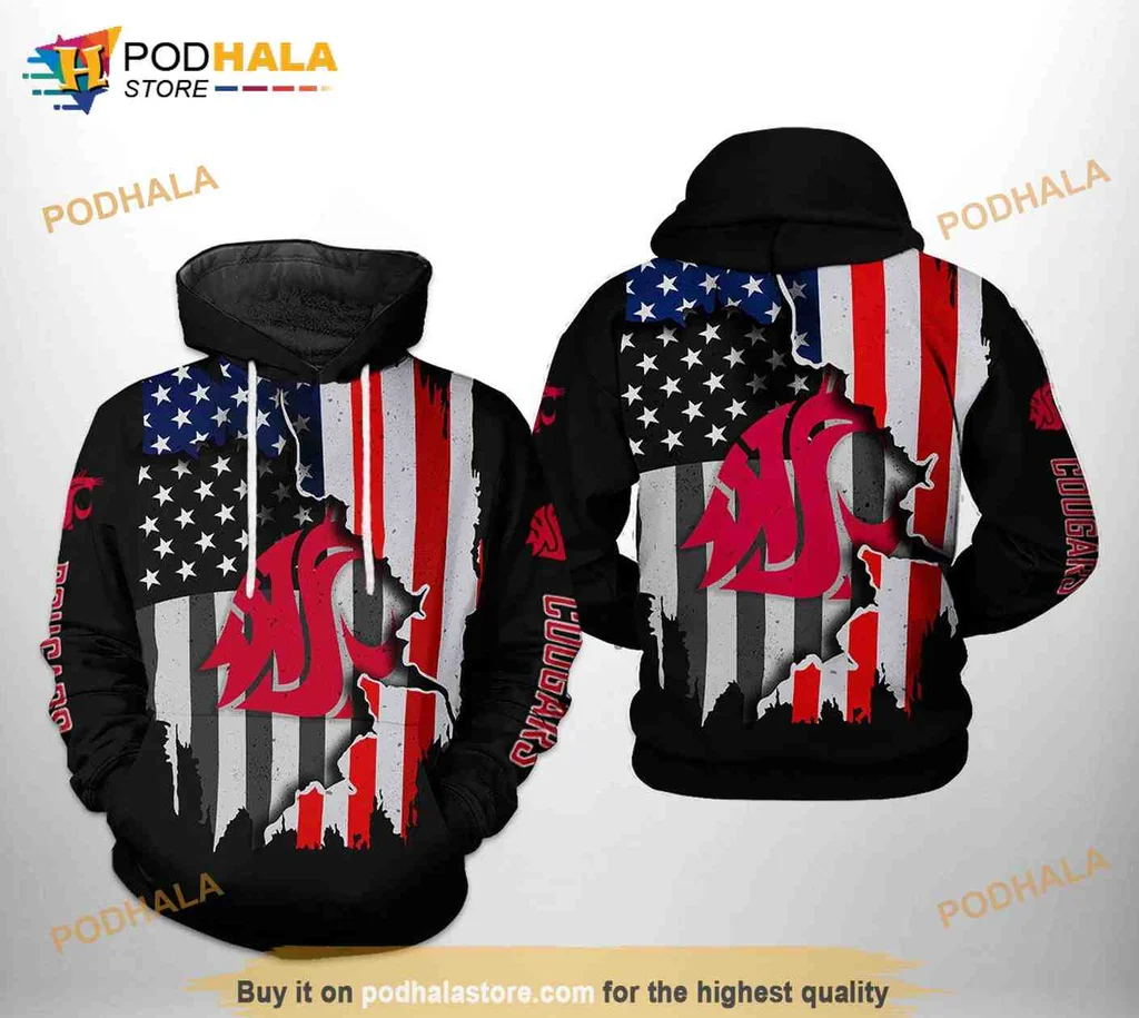 Patriotic Washington State Cougars 3d Hoodie With American Flag Design
