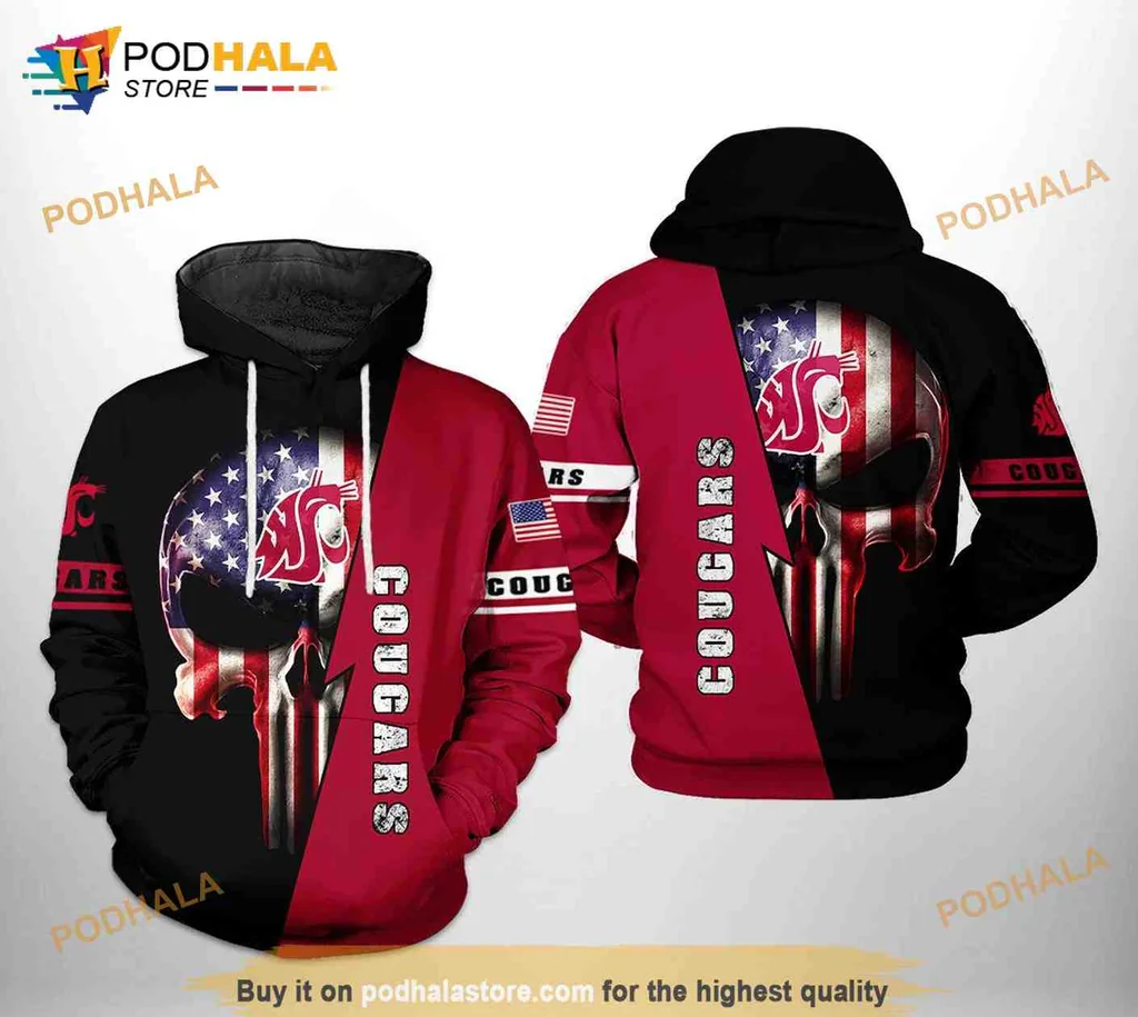 Patriotic Washington State Cougars Skull 3d Hoodie With American Flag Design