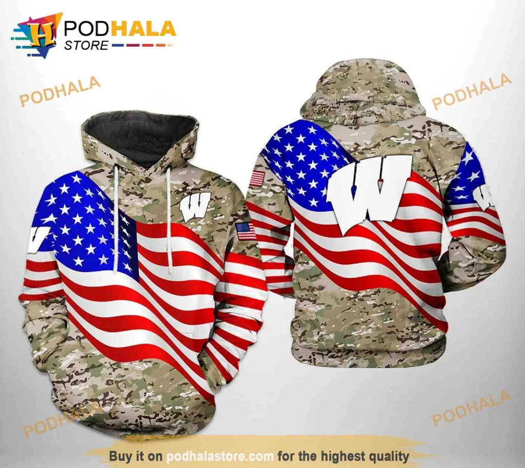 Patriotic Wisconsin Badgers Camo 3d Hoodie With American Flag Design