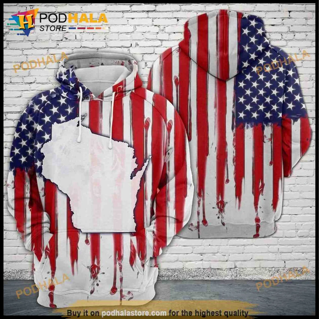 Patriotic Wisconsin Usa Flag 3d Hoodie With Distressed Design