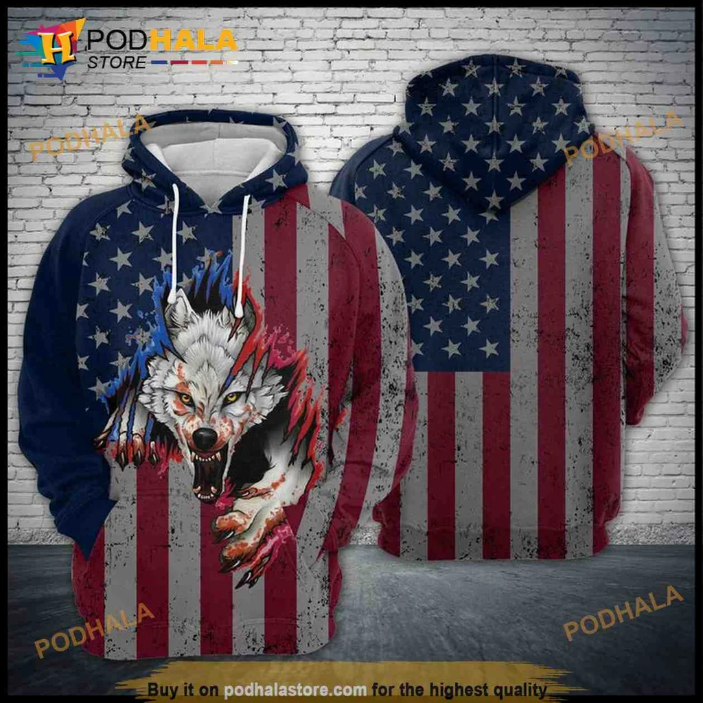 Patriotic Wolf American Flag 3d Hoodie Sweatshirt With Fierce Design