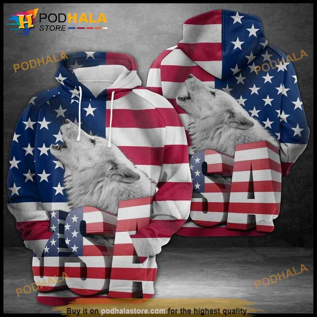Patriotic Wolf Usa Flag 3d Hoodie Featuring Howling Wolf And American Pride