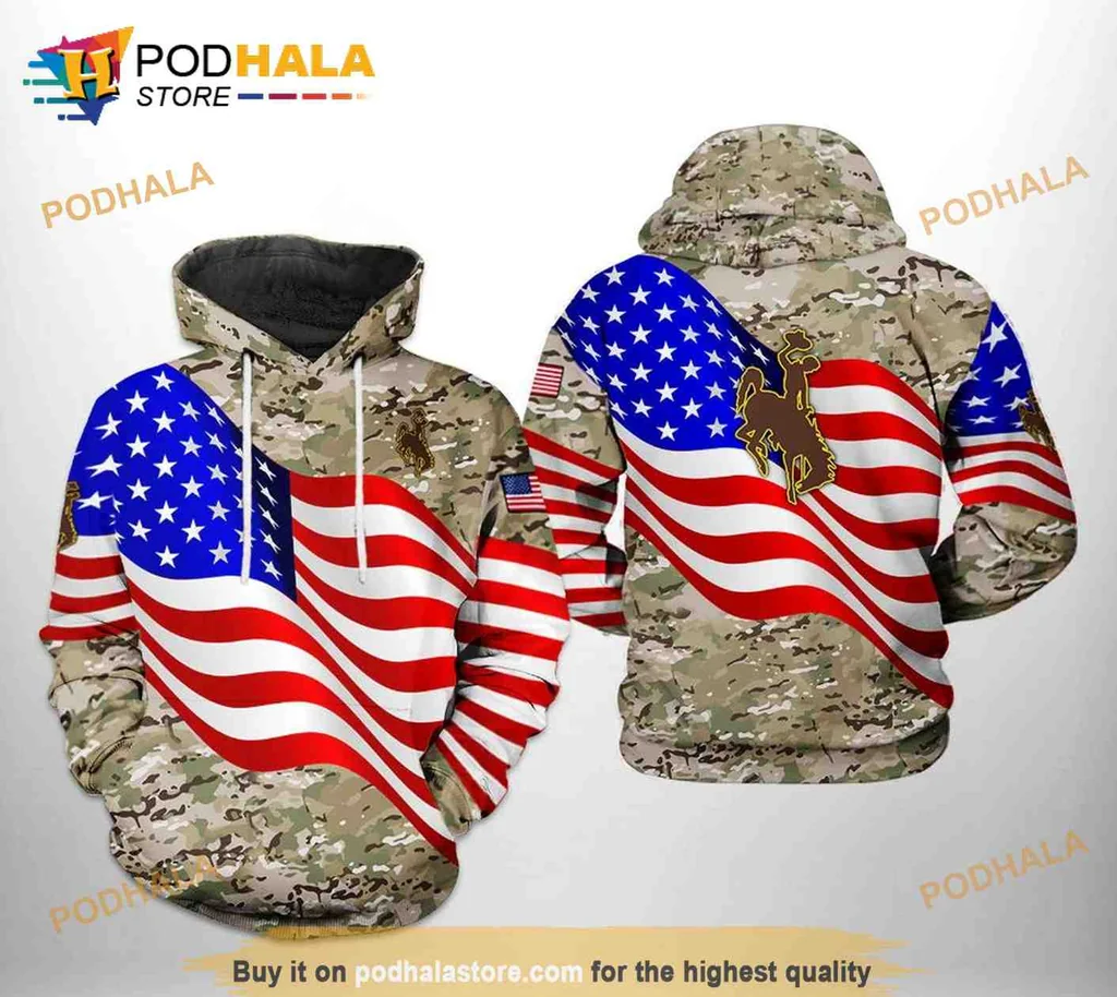Patriotic Wyoming Cowboys 3d Hoodie Featuring American Flag Camo Design