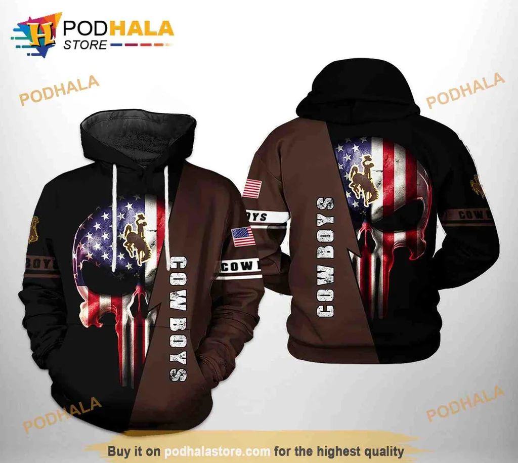 Patriotic Wyoming Cowboys Skull 3d Hoodie Featuring American Flag Design