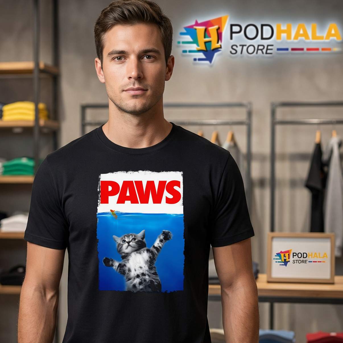 Paws Cat And Mouse Style Jaws Shirt Funny Movie Parody Graphic Design Mens