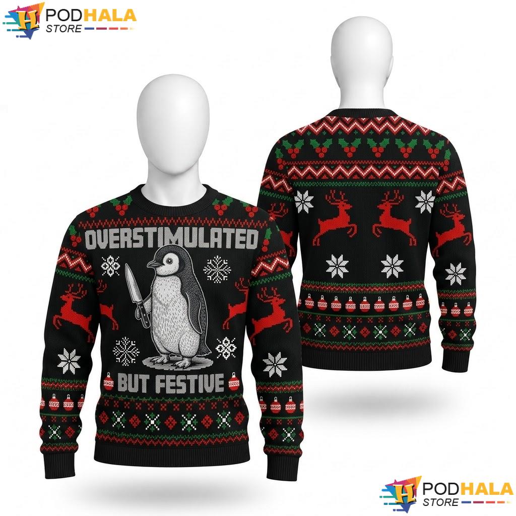 Penguin Overstimulated Ugly Christmas Sweater Festive Funny Outfit