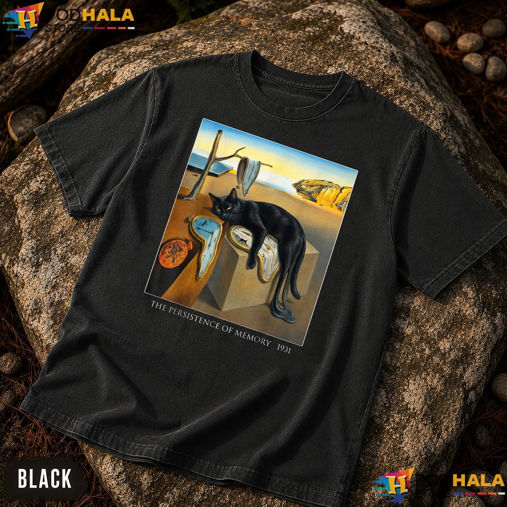 Persistence Of Memory Comfort Colors T-Shirt Black Cat Melting Clock Art