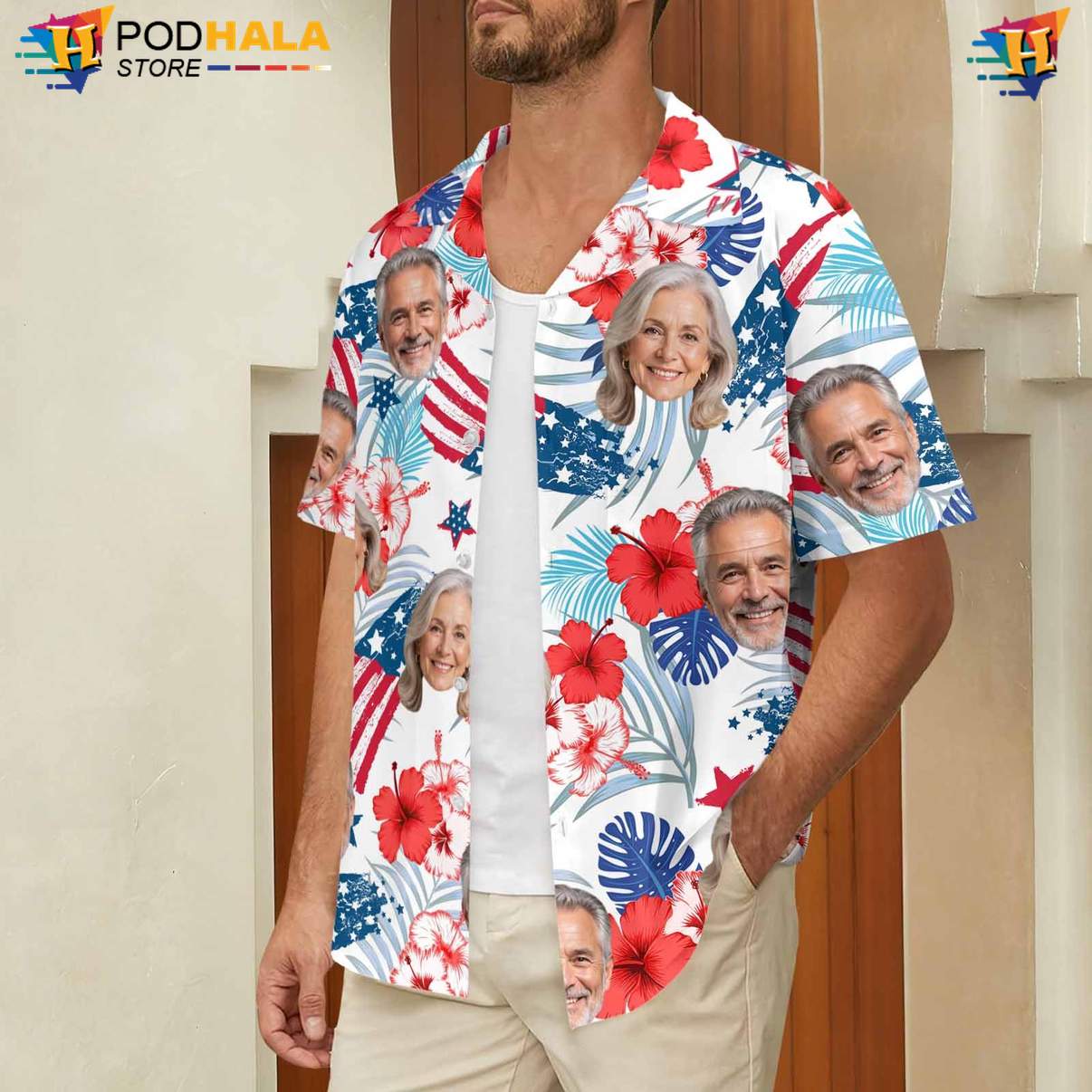 Personalized Flag Short-sleeve button-up shirt Custom Photo Faces Fourth Of July Holiday Gear Personalized Flag Short-sleeve button-up shirt Custom Photo Faces Fourth Of July Holiday Gear