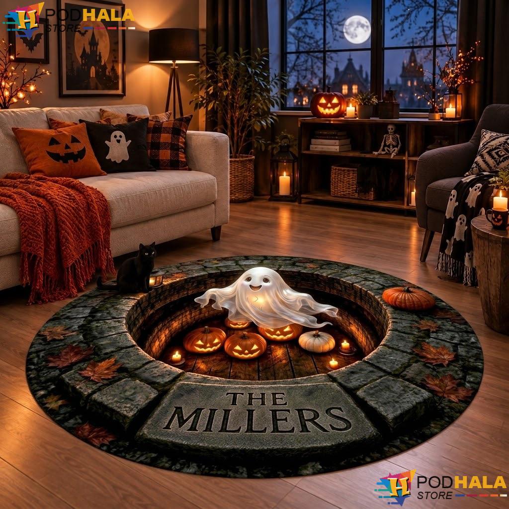 Personalized Ghost Pumpkin Halloween Round Area Rug 3D Optical Illusion