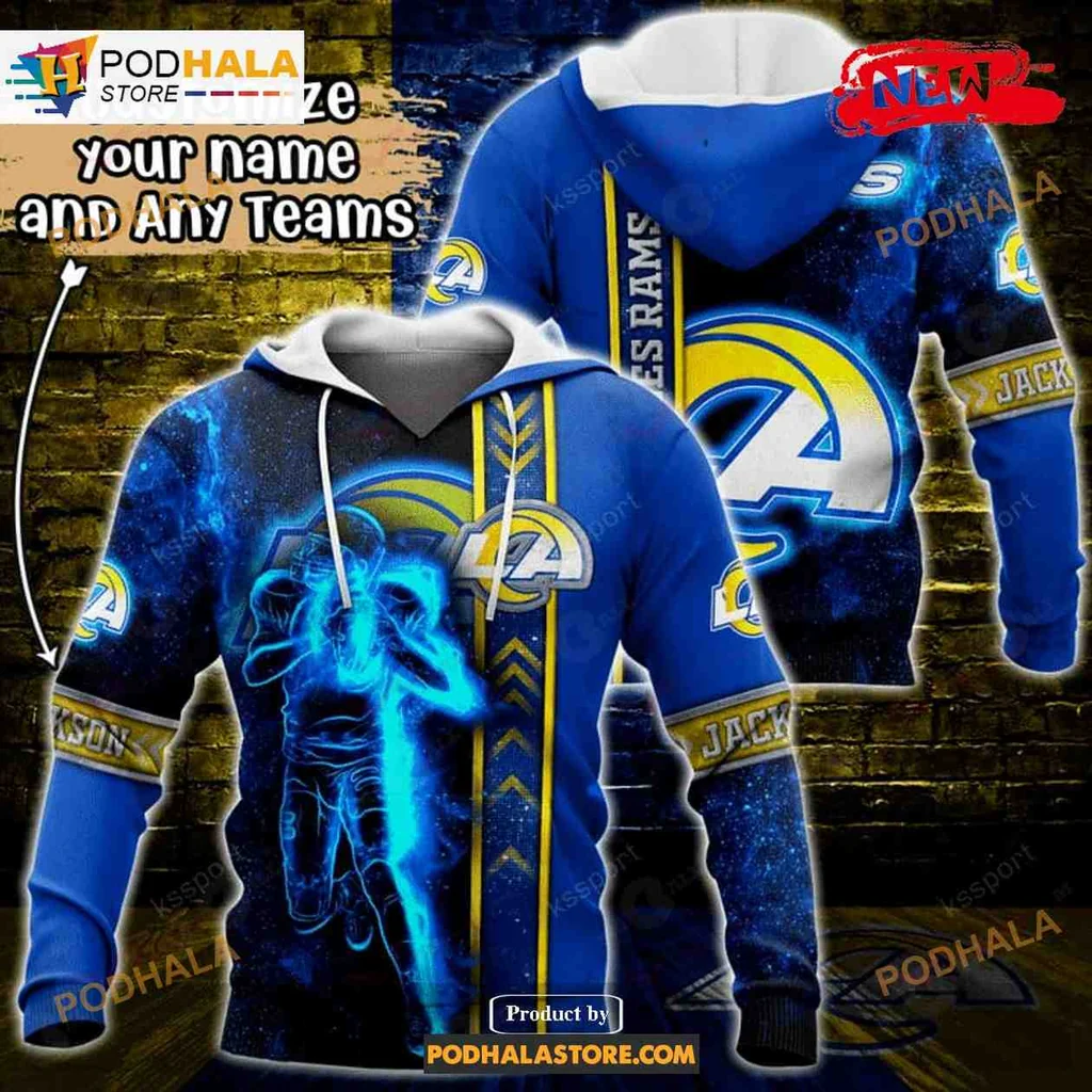 Personalized Los Angeles Rams 3d Hoodie With Glowing Football Player Design