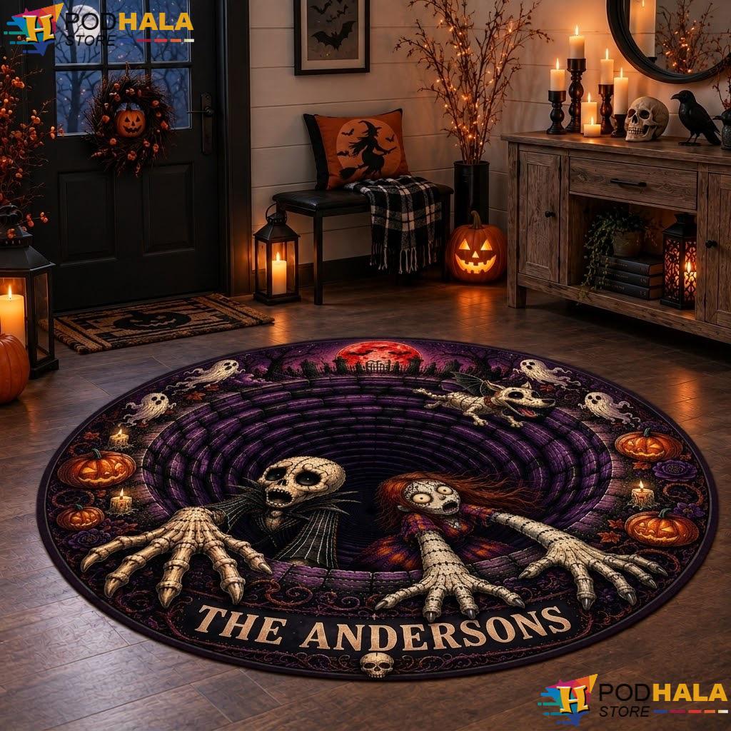 Personalized Skeleton Illusion Halloween Round Area Rug 3D Custom Velvet