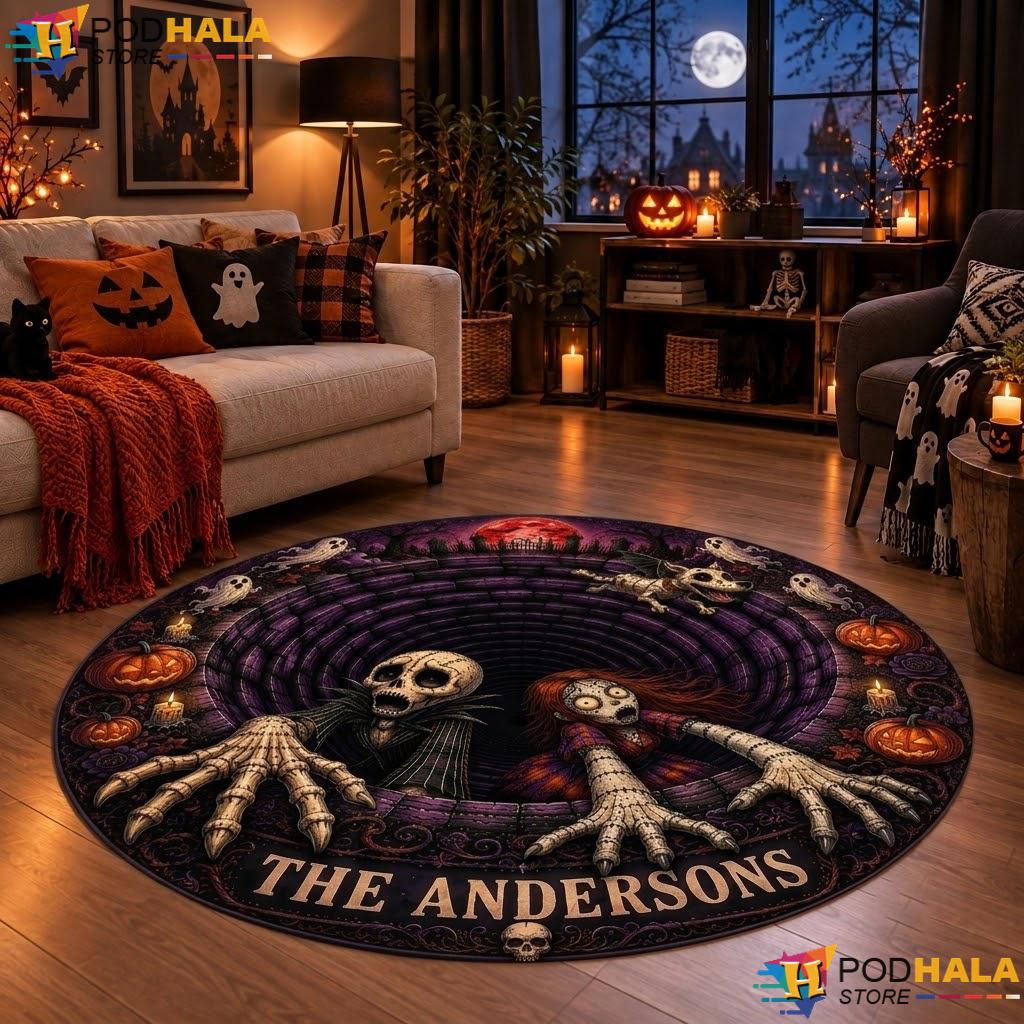 Personalized Skeleton Illusion Halloween Round Area Rug 3D Custom Velvet - View 1 Personalized Skeleton Illusion Halloween Round Area Rug 3D Custom Velvet - View 1