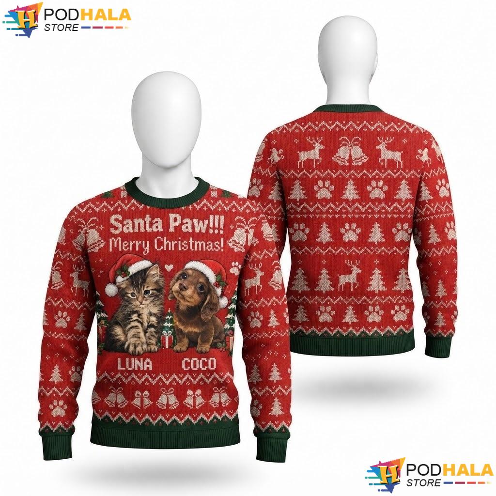 Pet Santa Paw Personalized Ugly Christmas Sweater Cute Luna Coco Xmas